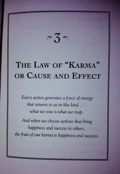 the law of karma or cause and effect is written in black on a white background