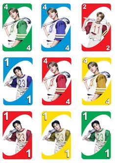 an image of the same person in different colors and numbers on each card, all holding baseball bats