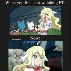 anime memes with caption that reads, when you first start watching ft hooray hooray fairy tail now im