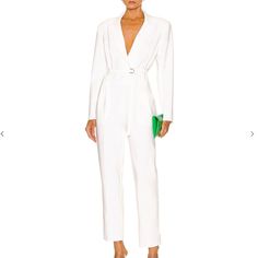 95% Poly, 5% Spandex Made In China Hand Wash Nwt Box4 White Fitted V-neck Pantsuit, White Long Sleeve Jumpsuits And Rompers For Work, White Long Sleeve Jumpsuit For Work, Elopement Dress, Norma Kamali, Long Sleeve Turtleneck, Modern Outfits, Catsuit, Tapered Legs