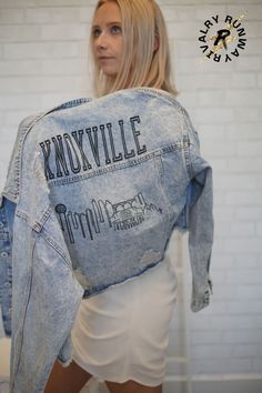 Knoxville Skyline Denim Jacket @ Rivalry Runway Urban Style Relaxed Fit Denim Jacket For Spring, Urban Denim Jacket With Relaxed Fit For Spring, Spring Cotton Outerwear With Letter Print, Urban Washed Denim Jacket For Spring, Urban Spring Washed Denim Jacket, Trendy Letter Print Denim Jacket For Spring, Trendy Spring Denim Jacket With Letter Print, Urban Cotton Denim Jacket For Spring, Spring Denim Outerwear With Letter Print