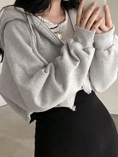 Women Hooded Short Zipper Sweatshirt, Blank Hoodie,Long Sleeve Tops Grey Casual  Long Sleeve Polyester Plain Pullovers Medium Stretch Fall/Winter Women Clothing, size features are:Bust: ,Length: ,Sleeve Length: Fluffy Sweatshirt, Plaid Jacket Women, Korean Blouse, Skater Jeans, Knitted Bodycon Dress, Sweatshirt Zipper, Style Cardigan, Inspiration Mode, Casual Style Outfits