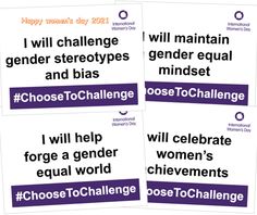 four stickers with words that say women's day, i will challenge gender stereotypes and