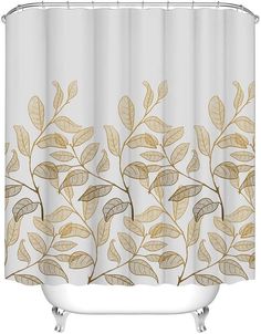 a white shower curtain with gold leaves on the bottom and bottom, in front of a white background