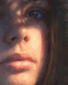 a painting of a woman's face with blue eyes and long hair, close up