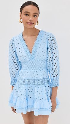 Shopbop - Designer Clothing, Shoes & Accessories Ruffle Dress Outfit, Future Outfit, Blue And White Dress, One Clothing, Gameday Outfit, Crochet Trim, Positano, Puff Sleeves, Day Dresses