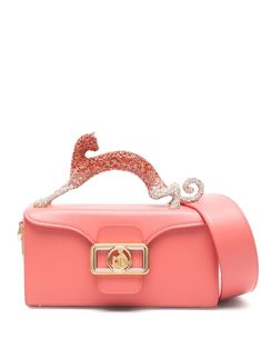 coral pink calf leather logo-buckle detail foldover top with magnetic fastening rhinestone embellished sculpted top handle adjustable detachable shoulder strap main compartment internal logo patch internal card slot canvas lining gold-tone hardware Beach House Closet, House Closet, Cat Tote Bag, Cats Tote Bag, Cat Tote, Cat Bag, Handbag Heaven, Leather Logo, Ballet Flat Shoes