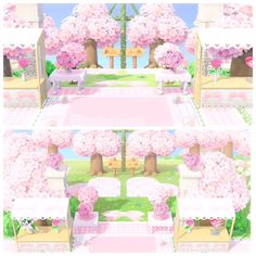 a set of four pictures with pink flowers and trees