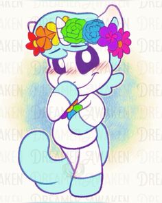 a drawing of a little pony with flowers on her head and holding a paintbrush