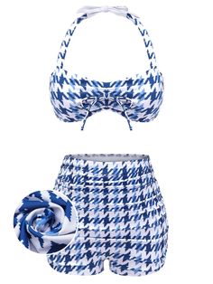 Blue 1940s Houndstooth Bow Halter Swimsuit – Retro Stage - Chic Vintage Dresses and Accessories Spring Bathing Suits, Vintage Palm Springs, Floral Pencil Dress, Retro Stage, Retro Bathing Suits, Fringe Flapper Dress, Halter Swimsuit, Retro Swimsuit, Vintage Swimwear