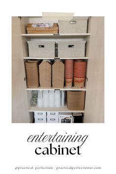 an entertainment cabinet with baskets and file folders on it, labeled entertaining cabinet by practical perfection