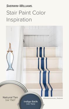 stairs with blue and white stripes painted on them, along with the words stair paint color inspiration