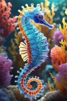 a blue and orange sea horse standing on top of corals