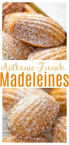 some powdered sugar cookies are stacked on top of each other with the words, authentic french madeleines