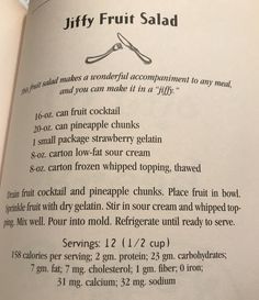 an open book with instructions on how to make fruit salads and what to use them