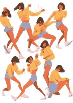 a woman in yellow shirt and blue shorts dancing with her hands on her hipss