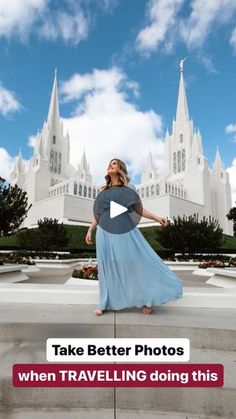 a woman standing in front of a castle with the words take better photos when traveling doing this