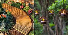 some lights hanging from the side of a wooden bench in front of trees and flowers