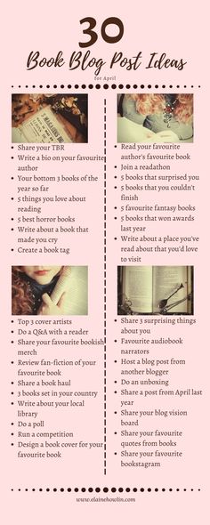 a pink poster with the words 30 book blog post ideas on it and pictures of books