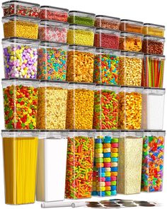 a stack of plastic containers filled with lots of different colored candies and cereals