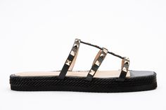 Materials Upper: LeatherLining: LeatherSole : Rubber Urban Chic Delight: Seul Black Leather Multi Strap Flat Sandal with Gold Spike Embellishments Urban Elegance in Black: Step into urban elegance with the Seul Black Leather Multi Strap Flat Women Sandal, meticulously crafted from 100% premium leather for a touch of luxury. Striking Gold Spike Embellishments: The sandal features multi straps adorned with carefully placed gold spikes, adding a striking and meticulously handcrafted detail to eleva Black Lace-up Sandals With Leather Sole, Leather Slip-on Sandals With Studded Rubber Outsoles, Leather Slip-on Sandals With Studs, Black Adjustable T-strap Sandals With Leather Footbed, Black T-strap Sandals With Flat Leather Sole, Casual Dress Shoes, Black Leather Handbags, Unique Shoes, Urban Chic