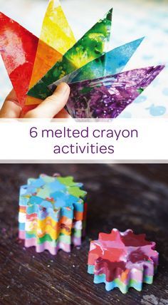 a hand holding a small piece of colored paper with the words 6 melted crayon activities