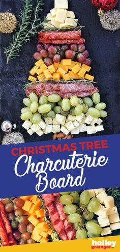 a christmas tree made out of cheese, grapes and crackers with the title overlay