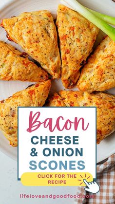 bacon cheese and onion scones on a white plate with celery in the background