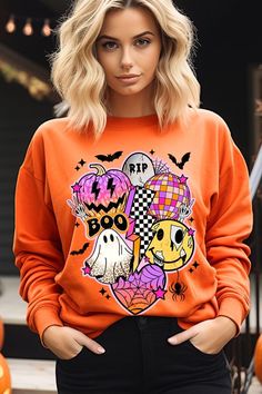 Retro Halloween Graphic Fleece Sweatshirts.Unisex Crew Neck Long Sleeve Sweaters Knits.Crafted from premium materials, tailored to your lifestyle, ensuring a comfortable fit for any occasion.Family Group Uniforms Birthday Party Gift Concert Festival Events.High Quality Direct To Film Printed Graphic Design.50%COTTON,50%POLYESTERNICARAGUAMade In: Nicaragua Spooky Orange Long Sleeve Tops, Orange Long Sleeve Spooky Top, Trendy Orange Sweatshirt For Fall, Pink Graphic Print Sweater For Fall, Pink Graphic Print Fall Sweater, Fun Long Sleeve Fall Tops, Trendy Halloween Long Sleeve Sweatshirt, Fun Long Sleeve Tops For Fall, Trendy Long Sleeve Halloween Sweatshirt