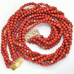 Weight: 67.7 Grams Stone: Red Coral, 4 mm Length: 17 Inches Hallmark: 14/20 Item #: BR-213-120919-25 Red Coral, Bead Strand, Strand Necklace, Multi Strand, Hallmark, Gold Filled, Beaded Necklace, Coral, Stone