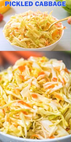 two pictures of coleslaw and pickled cabbage