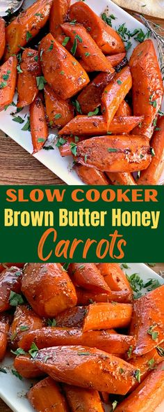 slow cooker brown butter honey carrots on a white plate with the title above it