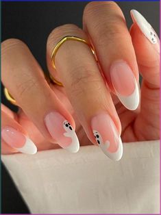 Unleash your Halloween spirit with the best ghost nails ever! We’ve curated the most hauntingly adorable designs just for you. Diy Ghost Nail Art, Fun October Nails, French Ghost Nails, Subtle Pumpkin Nails, Halloween Themed Nails Simple, Ghost Nails Pink, French Tip Ghost Nails, Halloween Biab Nails, Boo Nail Art