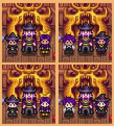 four different pictures of the same character in an old school video game, each with purple hair