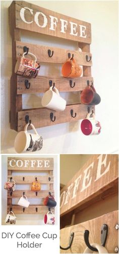 coffee cup holder made out of pallet wood with hooks and cups on the wall