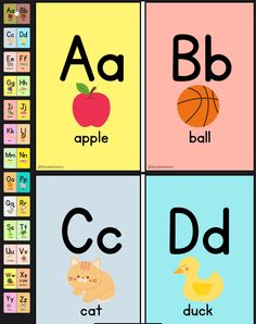 four different types of letters and numbers with the same image on each letter, including an apple