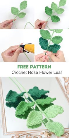 Create elegant rose flower leaf motifs for various crochet projects with this versatile free pattern. Rose Leaf Crochet Pattern, Crochet Flower Stems Free Pattern, Eucalyptus Crochet Pattern, Crochet Rose Leaf Free Pattern, Crochet Greenery Free Pattern, Free Leaf Crochet Pattern, Crochet Flower Easy Free Pattern, Crochet Holly Leaf Free Pattern