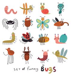 set of funny bugs and insects in cartoon style