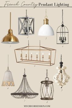 several different types of chandeliers with the words french country pendant lighting above them