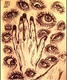 a drawing of many different eyes and hands