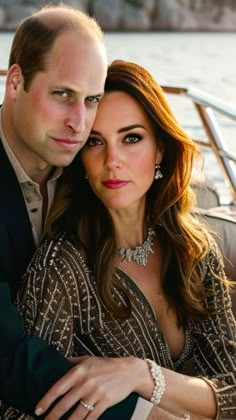 prince william and kate are posing for a photo in the back seat of a boat