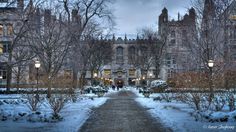 an old building with snow on the ground and trees lining the walkway in front of it