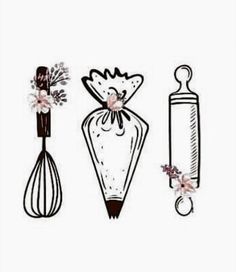 an image of kitchen utensils with flowers on them