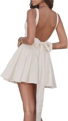 Fairycore Dresses, Short Party Dress, Backless Mini Dress, White Mini Dress, Dress With Bow, Pleated Dress, Flare Dress, Square Neck, Fit And Flare