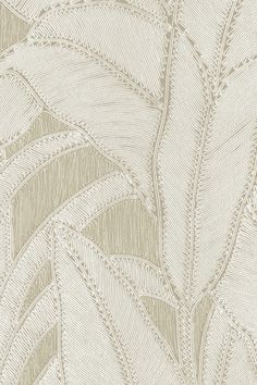 a beige and white wallpaper with large leaves on the top, in an abstract pattern