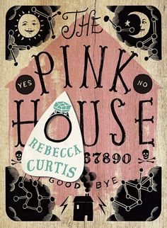 the pink house logo is shown on a wood paneled sign with black and white lettering