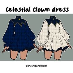 two women's dresses with the words celestial clown dress on them and an image of their