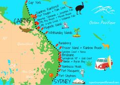 an illustrated map of australia with all the major tourist attractions