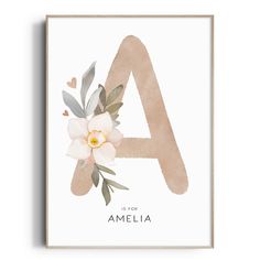 a is for amelia with flowers and leaves on the letter'a '