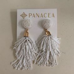 Brand New! Never Worn. White Beaded Drop Gold Colored Hardware Stud With Back Closure Top White Beaded Earrings With Dangling Beads For Party, White Beaded Dangling Earrings For Party, White Dangling Beaded Earrings For Party, White Round Bead Earrings For Party, White Beaded Earrings With Round Beads For Party, White Beaded Earrings For Summer, White Beaded Earrings For Party, White Bohemian Beaded Earrings For Party, Adjustable White Earrings For Parties